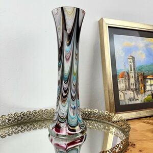 Vintage Murano Style Hand Blown Art Glass Vase – Tall Swirl Design – 10”